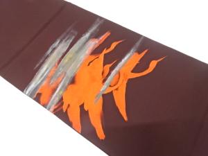 塩瀬　手描き　霞に群鶴模様開き名古屋帯（額縁仕立て）